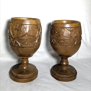 Vintage Carved Monkey Pod Wood 2 Goblets Hawaiian Tiki  Mugs Wine Aloha Rum